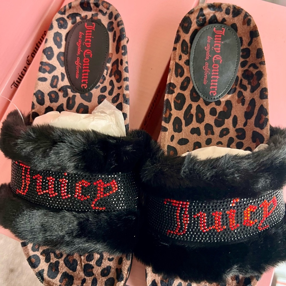 Juicy Couture Black and Red Fur Slides